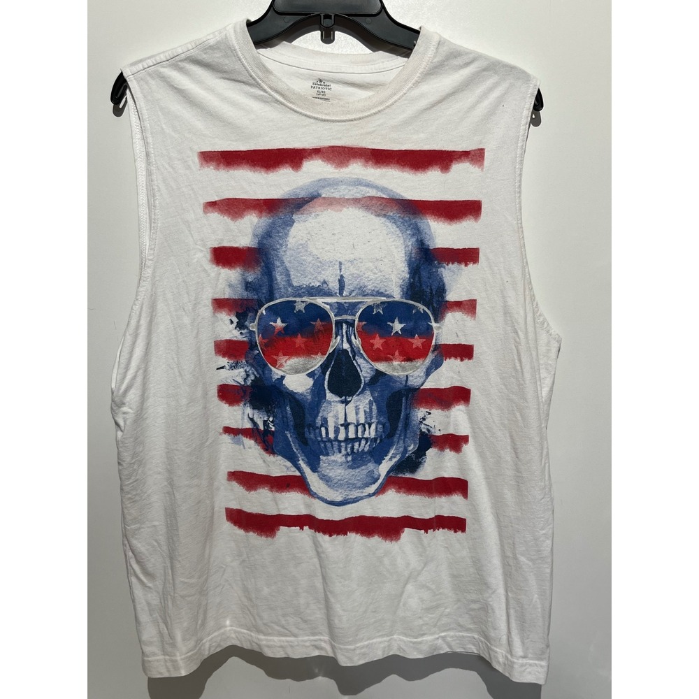 Way to Celebrate Patriotic Skull Muscle Tee Mens XL White USA‎ Flag Sunglasses